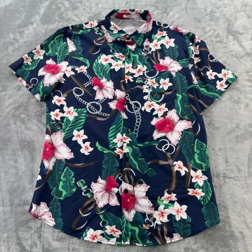 Mens Tropical Floral Chain Print Short Sleeve Button Up Shirt Navy L